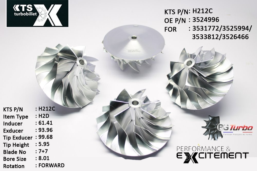 Turbo ROUE FORGÉE MFS PERFORMANCE - 7+7 PALES - INDUCER : 61,41 - EXDUCER : 93,96 - TYPE : H2DANGLE : 45° - ROTATION : Forward - SUPER BACK : 5,95472 - BORE SIZE : 8,01
